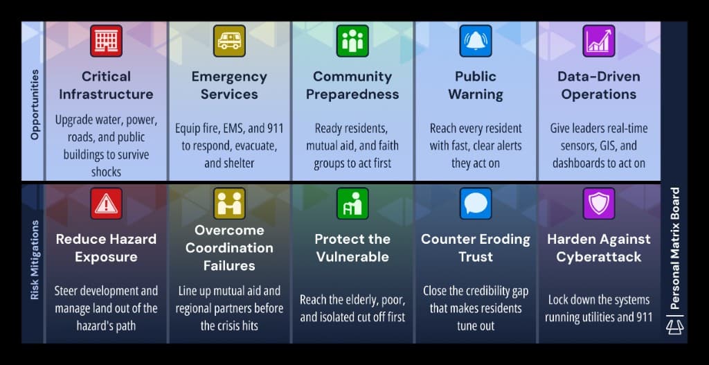 Personal matrix board for Strategic Prioritization: Resilient Cities showing opportunity and risk mitigation categories